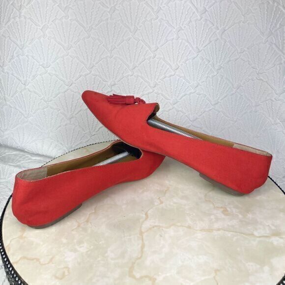 J. Crew Tassel Loafers Womens Size 9 Red Microsuede Pointed Toe Slip On Shoes - Picture 10 of 12